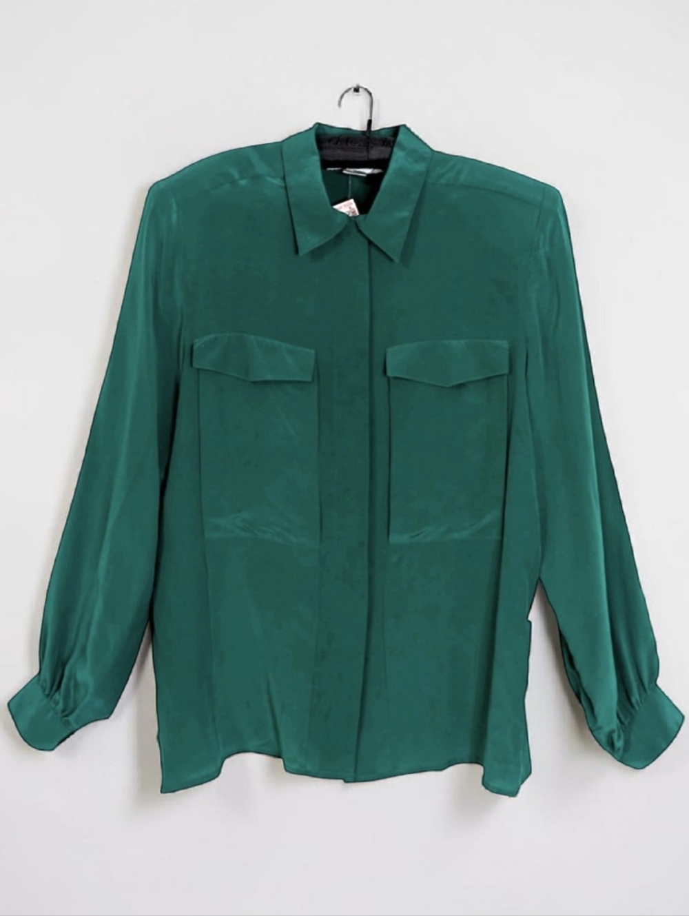Vintage Bonwit Teller 100% Silk Blouse Green Button Front Long Sleeve Deadstock